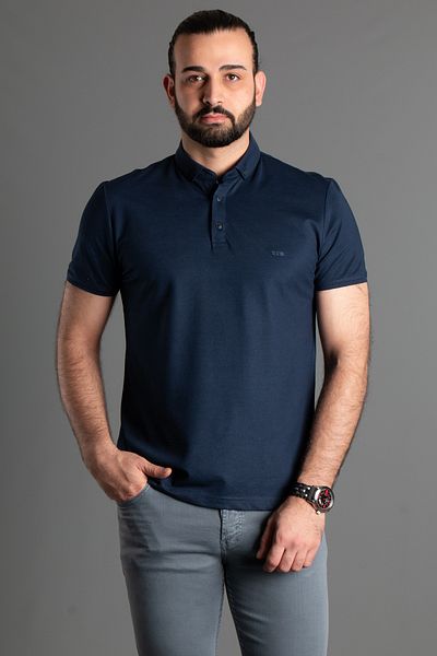 ZEKİ ÖZER Ανδρικό μπλουζάκι με γιακά πόλο με υφή Navy Blue με κουμπιά