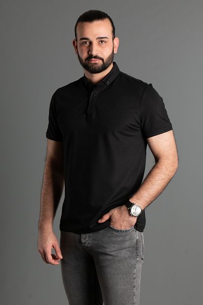 ZEKİ ÖZER Ανδρικό μπλουζάκι με μαύρο υφή με κουμπιά Polo Neck