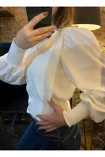 Cardella Princess Sleeve and Button Detailed White Shirt Cardigan