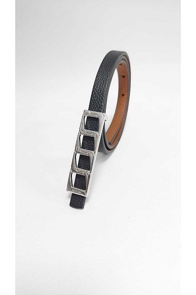 Kemerix Women's Black Silver Buckle Thin Belt