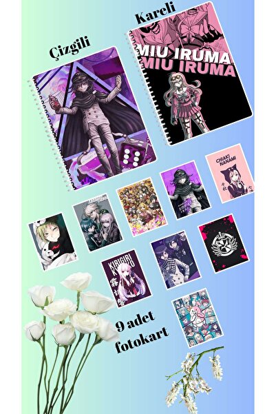 animeandyourworld danganronpa defter 2 adet  çizgili ve kareli + 9 adet fotok...