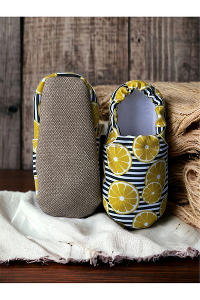 Kokopatik ,Non-Slip Sole,Organic Cotton Home Nursery Booties,Lemon Patterned Booties