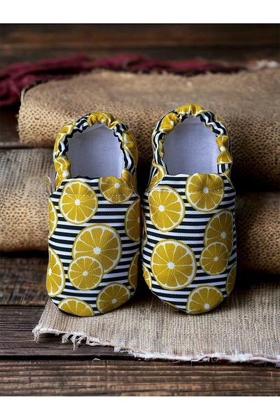 Kokopatik ,Non-Slip Sole,Organic Cotton Home Nursery Booties,Lemon Patterned Booties