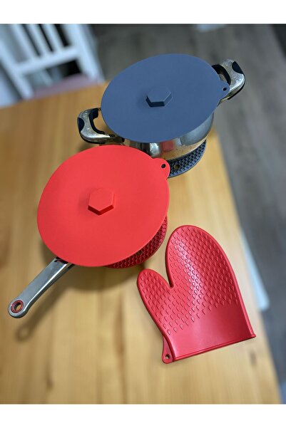 HOLLYHOME 2'li Silikon Vakum Kapak, Tencere, Tava Kapağı Gri/kırmızı Çap:24 Cm