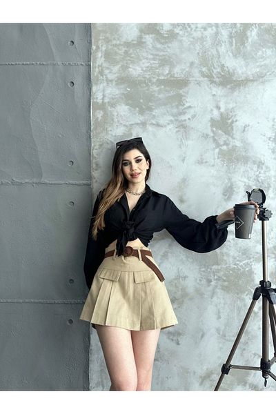 LB Laluna Butik Γυναικεία Καπέλα Λεπτομερής Ζώνη Πλισέ Φούστα με Σορτς