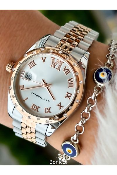 Navimarine Brand Large Case, Steel Strap, Gold Elegant Stone Women's Wristwatch + bracelet