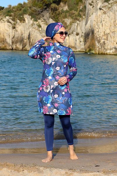 SEBOTEKS Καλσόν κλειστό χιτζάμπ μαγιό με σχέδιο λουλουδιών 2254