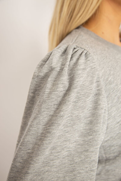 Şans Women's Large Size Gray 3 Thread Thick Front Printed Shoulder Gathered Ribbed Sweatshirt 65N37105