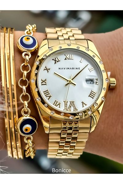 Navimarine Brand Large Case, Steel Strap, Gold Elegant Stone Women's Wristwatch + bracelet