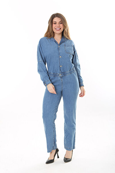 Şans Women's Plus Size Blue Front Buttoned Waist Elastic Detail Chest and Back Pocket Denim Jumpsuit 65N37574