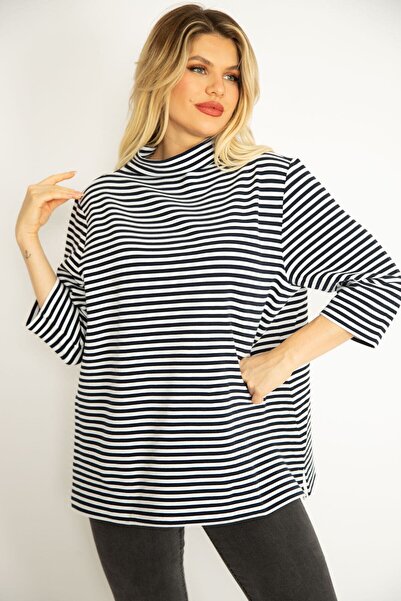 Şans Women's Large Size Navy Blue Stand-Up Collar Striped Capri Sleeve Tunic 65n35063