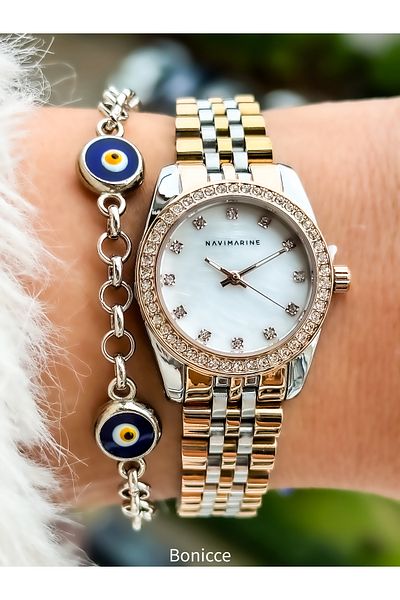 Navimarine Brand Small Case, Steel Strap, Gold Elegant Calendar Women's Wristwatch + bracelet
