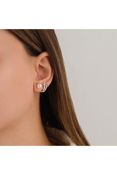 toptanhanem Pearl Detail Double Jewelled Zircon Earrings| Silver Color Casual, Sports and Special Occasions