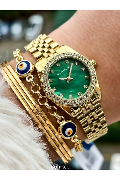 Navimarine Brand Small Case, Steel Strap, Gold Elegant Calendar Women's Wristwatch + bracelet
