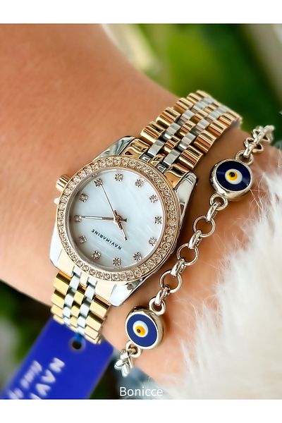 Navimarine Brand Small Case, Steel Strap, Gold Elegant Calendar Women's Wristwatch + bracelet