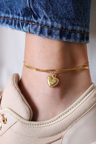 TWO PERLA Gold Steel Anklet with Love You Written Heart