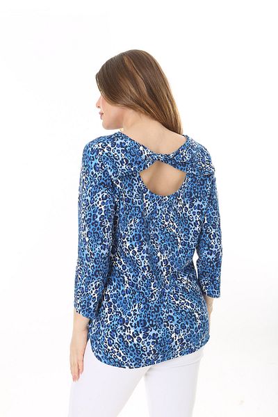Şans Women's Plus Size Blue Back Detailed Crew Neck Capri Sleeve Blouse 65N37586