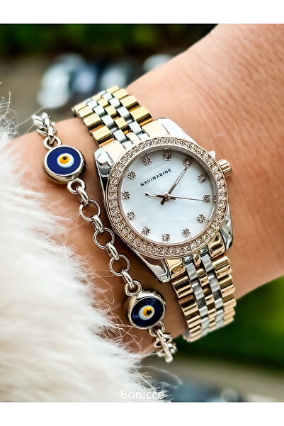 Navimarine Brand Small Case, Steel Strap, Gold Elegant Calendar Women's Wristwatch + bracelet