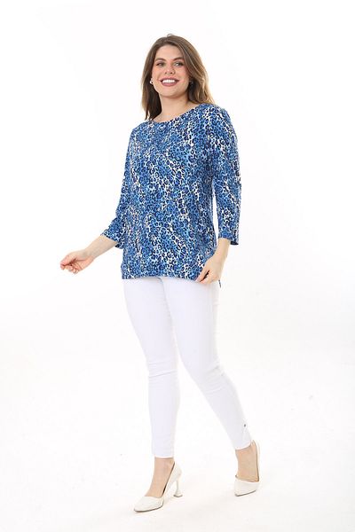 Şans Women's Plus Size Blue Back Detailed Crew Neck Capri Sleeve Blouse 65N37586