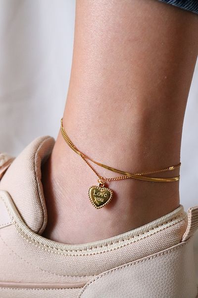 TWO PERLA Gold Steel Anklet with Love You Written Heart