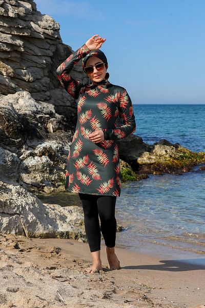 SEBOTEKS Costum de baie Hijab închis cu model de frunze și dresuri 2264