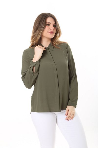 Şans Women's Plus Size Khaki Hidden Placket Button Long Sleeve Blouse 65N37595