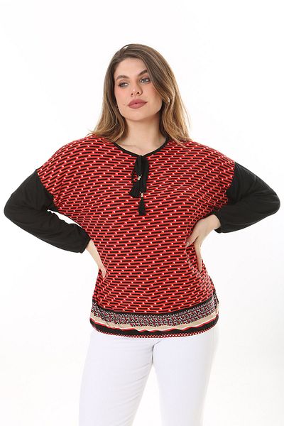 Şans Women's Plus Size Black Front Patterned Collar Lace-up Long Sleeve Blouse 65N37583