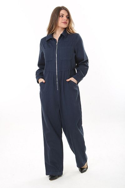Şans Women's Large Size Navy Blue Front Zipper 4 Pockets Back Waist Belt Elastic Jeans Jumpsuit 65N37573