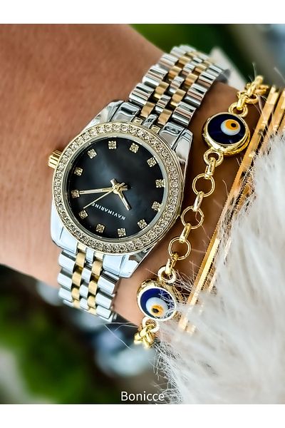 Navimarine Brand Small Case, Steel Strap, Gold Elegant Calendar Women's Wristwatch + bracelet