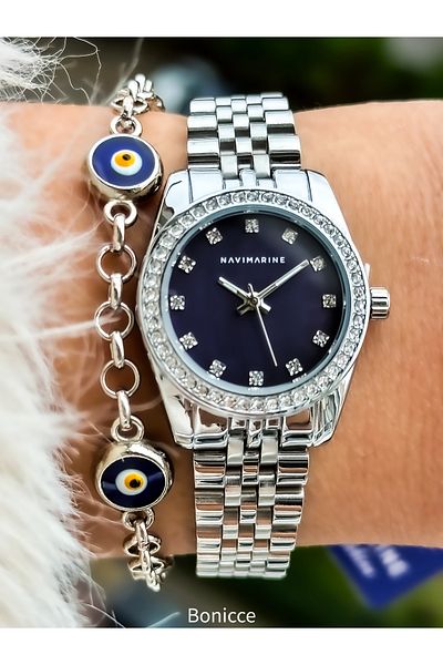 Navimarine Brand Small Case, Steel Strap, Gold Elegant Calendar Women's Wristwatch + bracelet