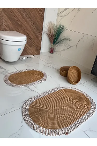 Namteks 40x60-50x80 2 Mats - 2 Baskets Jute White Melted Gold Gift Dowry Bath Set