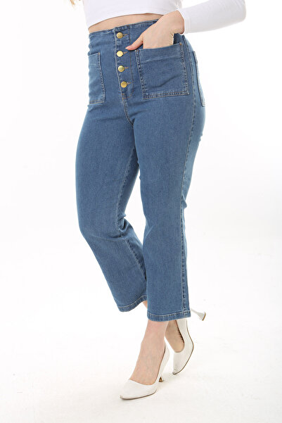 Şans Γυναικείο μεγάλου μεγέθους μπλε μεταλλικό κουμπιά μπροστά και πίσω με 4 τζιν τσέπες 65N37598