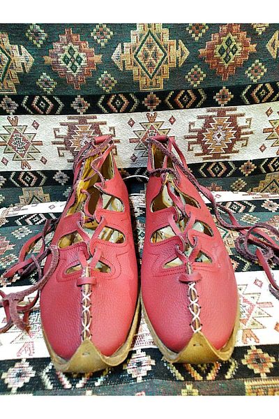 Osmanlı Yemeni Dünyası Yemeni (Sandal), Lace-Up Women's Model, Leather Yemeni, Red Color