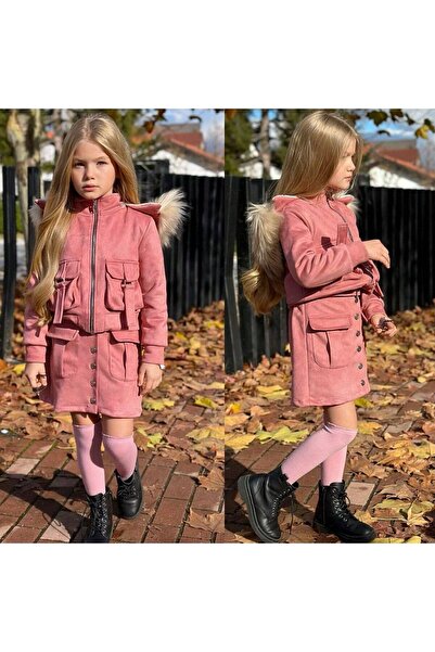Calisa Girl's Plug-in Artificial Fur Hooded Coat Jacket and Skirt Winter Seasonal Holiday Combination Set