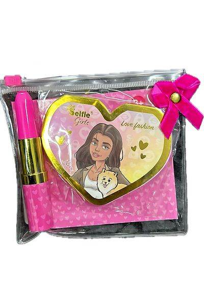 QUEEN AKSESUAR Imported Luxury Ball Model Girl with Bag Heart Notepad with Cover Lipstick Heart Pattern Ballpoint Pen Set