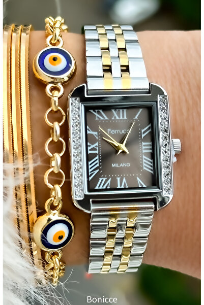 Ferrucci ساعة يد نسائية حجرية بسوار فولاذي لونين، ضد الماء، مضمونة، حجر + سوار