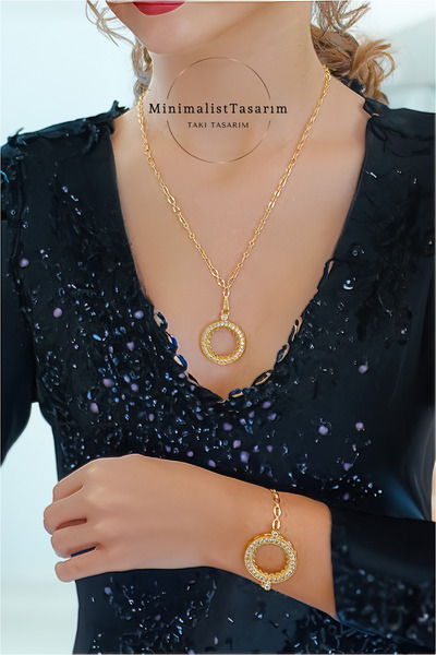 MinimalistTasarım Ceyrekli Kolye, Çeyrekli Kolye Set, Çeyrek Altın Takılan Bileklik, Altin Kolye Cerceveli