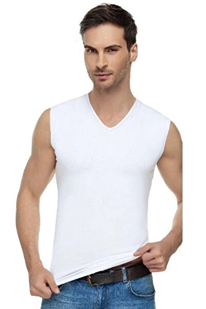 Tutku Elite Elastane V-Neck Zero Sleeve Undershirt 1305 |   White