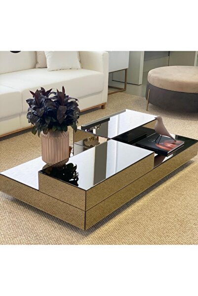 LUXURY VİLLA Luxury Bronz Aynalı Tekerlekli Orta Sehpa 120x65 Yükseklik 28cm