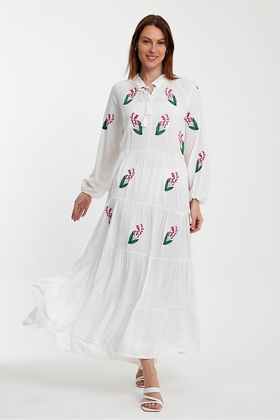 Denismoda Women's Embroidery Detailed High Collar Lace-up Long Viscose Dress