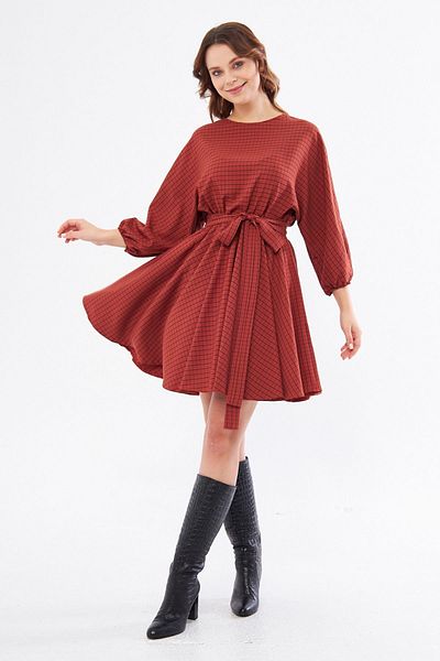 Bidoluelbise Brick Plaid Disassembled 2 Different Black Collar Gift Elastic Waist Mini Flared Dress