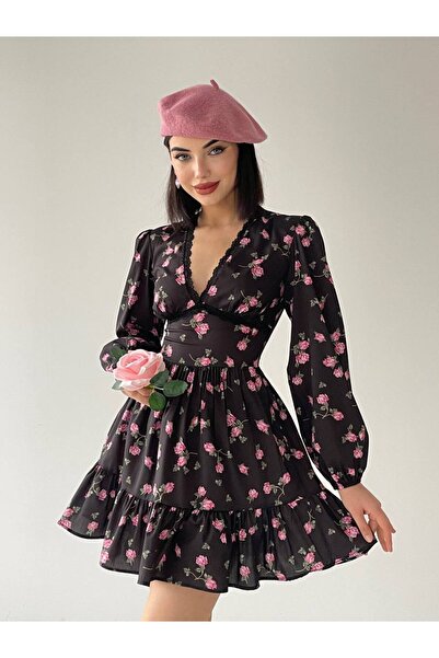 SONREİR فستان قصير مزين بالزهور ورقبة على شكل حرف V مزين بالدانتيل