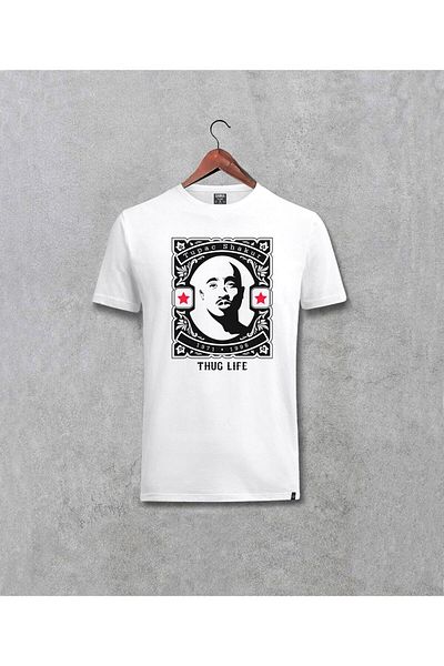 Pisa Art Мъжка бяла тениска с щампа на Тупак Шакур Thug Life