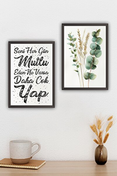 beedene Okaliptus 2'li Set Siyah Mdf Çerçeveli Dekoratif Modern Minimalist Du...