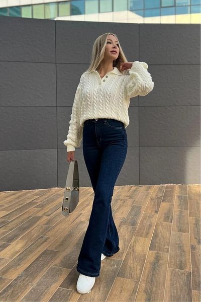 TugsatTasarTekstil Anna Blugi evazați cu talie înaltă albastru închis Pantaloni denim femei Lycra