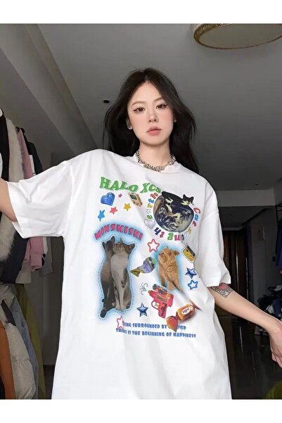 Gofeel Haloxcs Cat Detail Unisex Oversize Fit T-Shirt