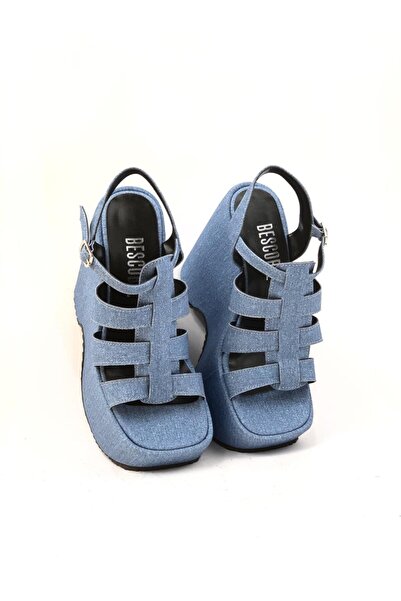 Difolia صندل نسائي ذو نعل مرتفع مصنوع من مادة الدنيم باللون الأزرق