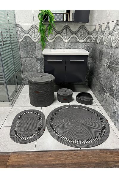 Türkmen Ev Tekstil Σετ χαλάκι μπάνιου και καλάθι από ψάθινο και γιούτα