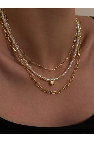Lavian Accessories İncili Gold Kalp Detay Kombin Kolye