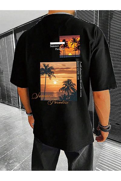 YUVEST Μπλουζάκι Blackrock - SUMMER PARADISE Printed Oversize Crew Neck με κοντό μανίκι ΜΑΥΡΟ T-shirt